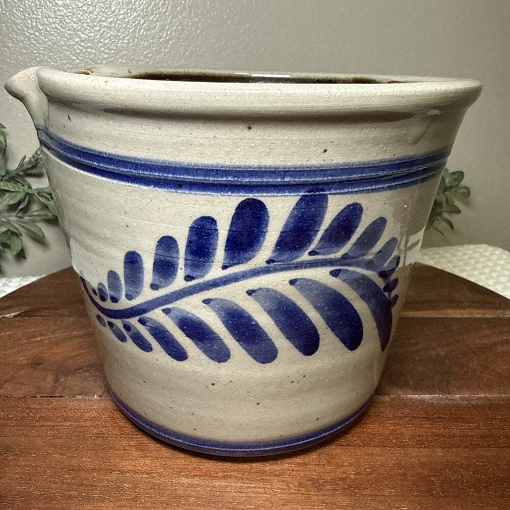 Signed Studio Pottery Stoneware Batter Bowl Blue Leaf Beige Black Glaze 5”x6”